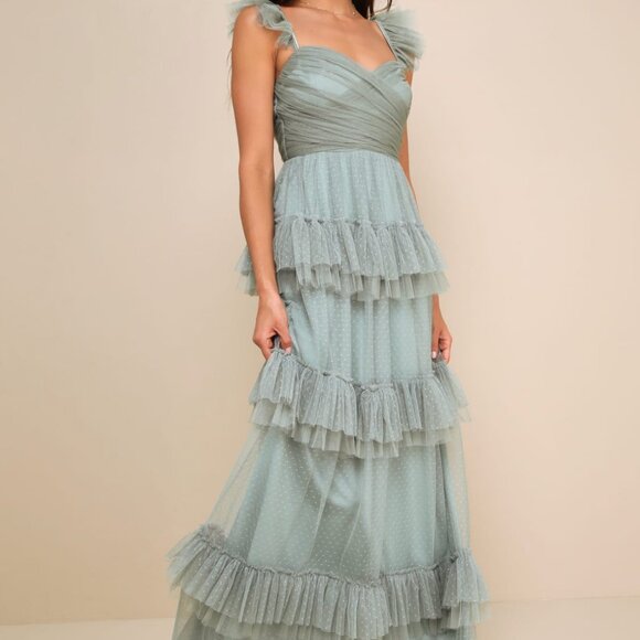 Lulus Pure Radiance Sage Brush Swiss Dot Tiered Maxi Dress – Size XS – Worn Once - Picture 1 of 9